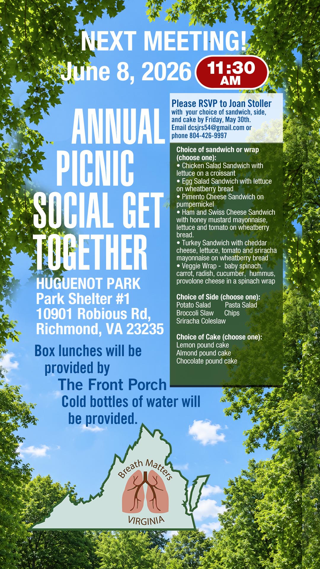 Breath Matters next meeting - June 8, 2026 annual picnic social get together